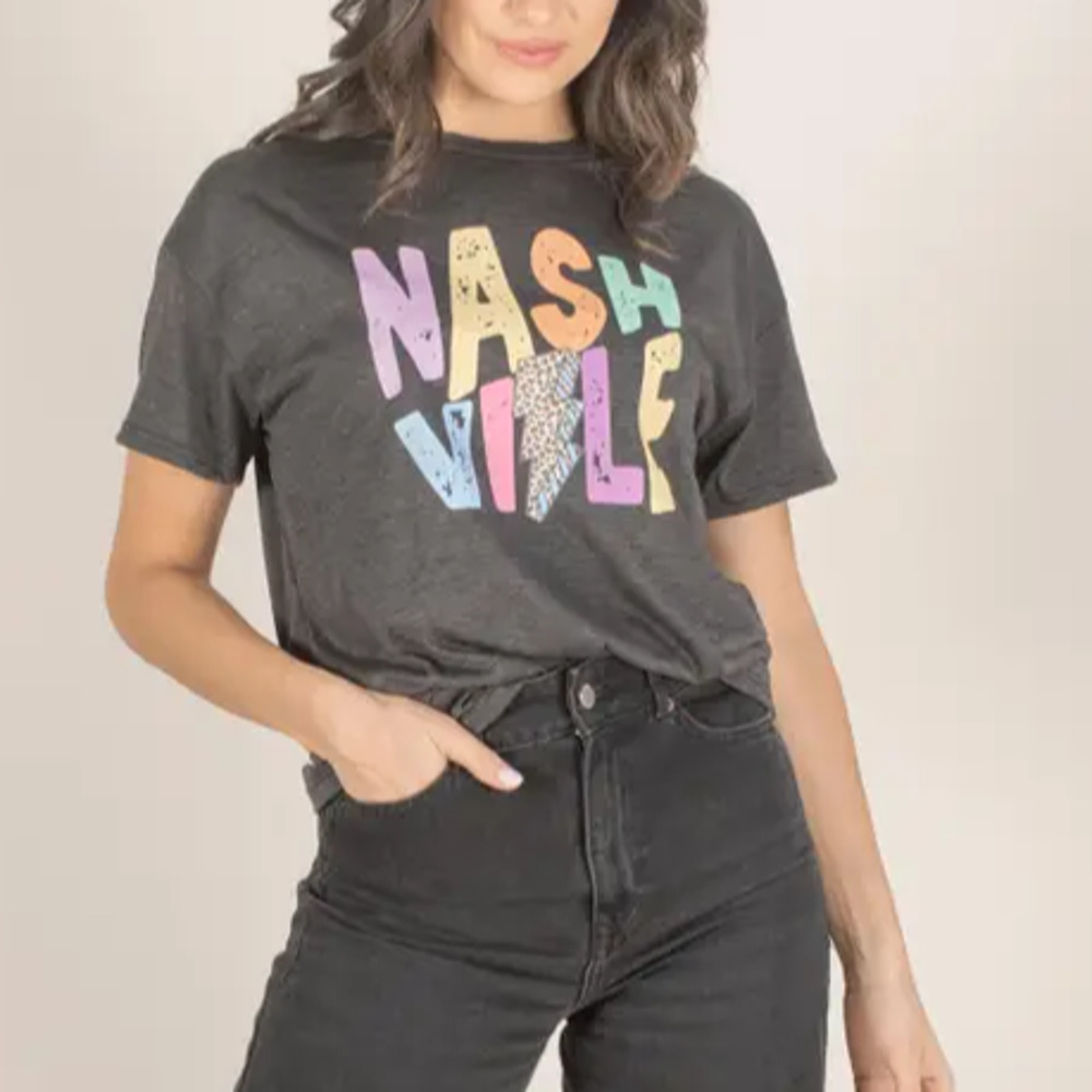 Multicolor Lightning on Charcoal Gray Nashville Graphic Tee Size Small